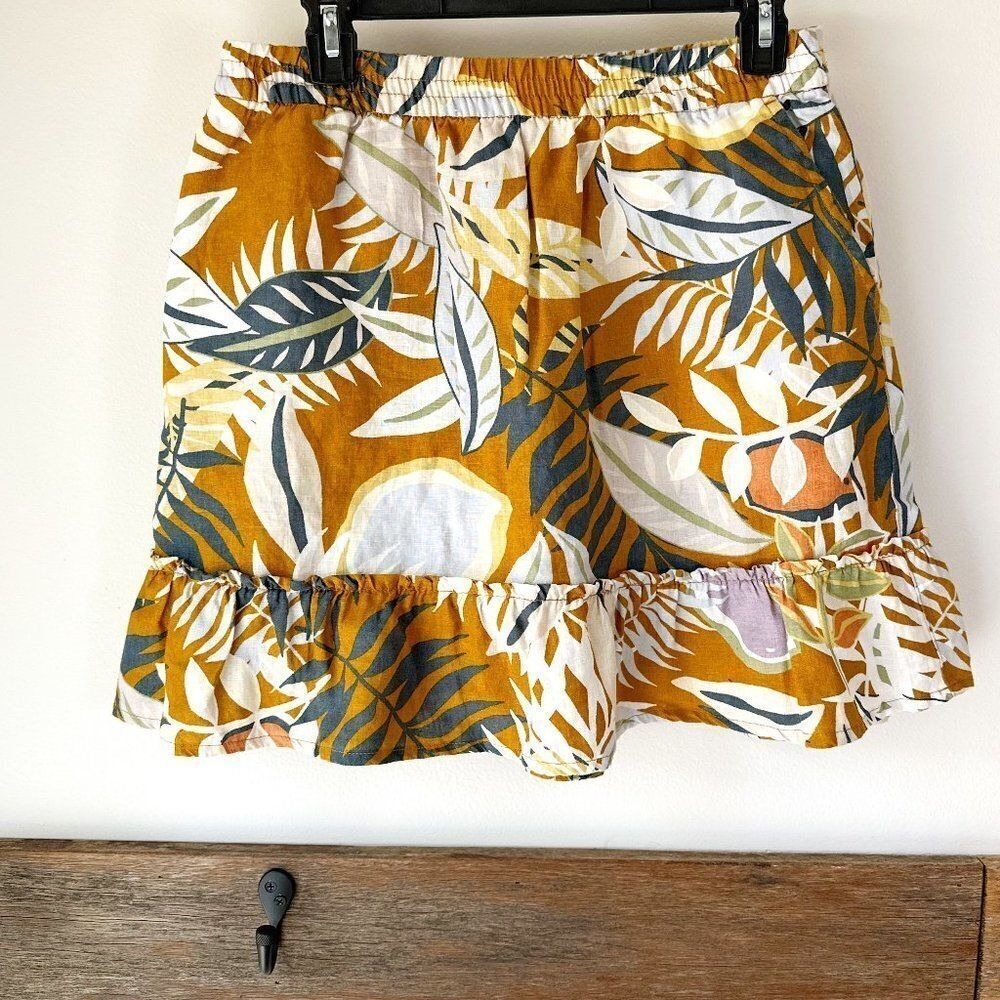 C&C California Tropical Skirt Gold Floral M 100% Linen Beach Vacation